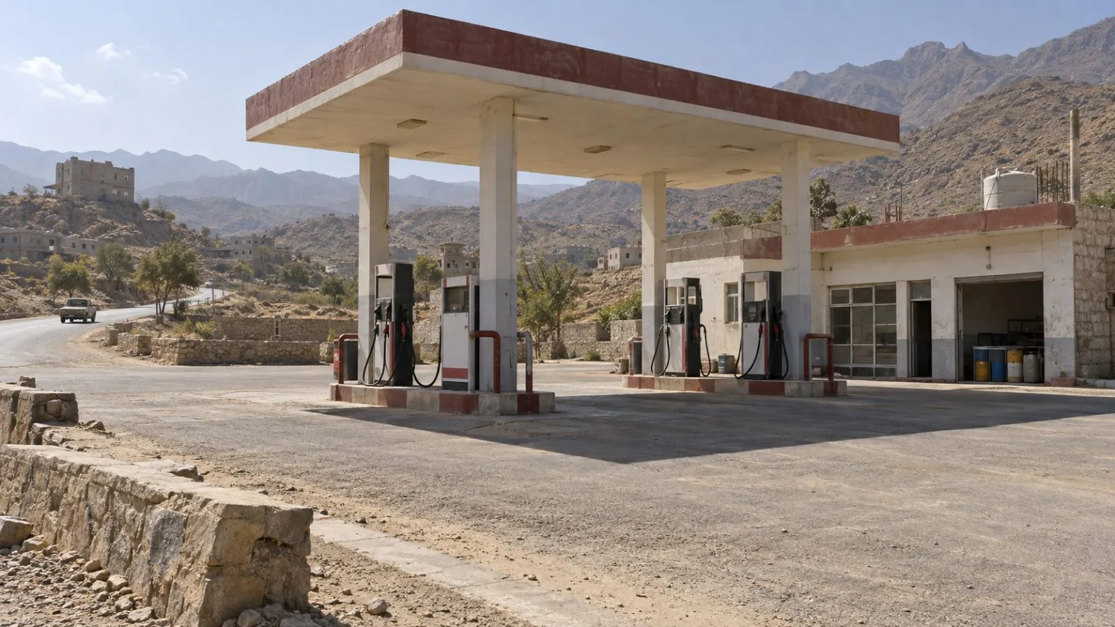 A roadside fuel station stands beside a dusty street in al-Dhabab, Taiz, Yemen. (AI-generated image / EconoTimes)