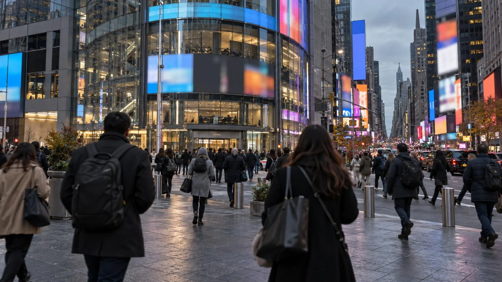 Commuters cross Times Square outside Nasdaq MarketSite in New York as evening approaches (AI-generated image / EconoTimes)