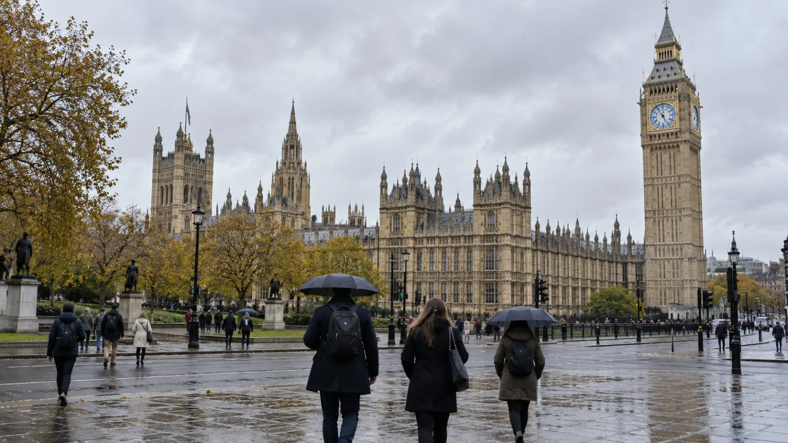 Pedestrians walk past the Palace of Westminster in London under an overcast autumn sky. (AI-generated image / EconoTimes)