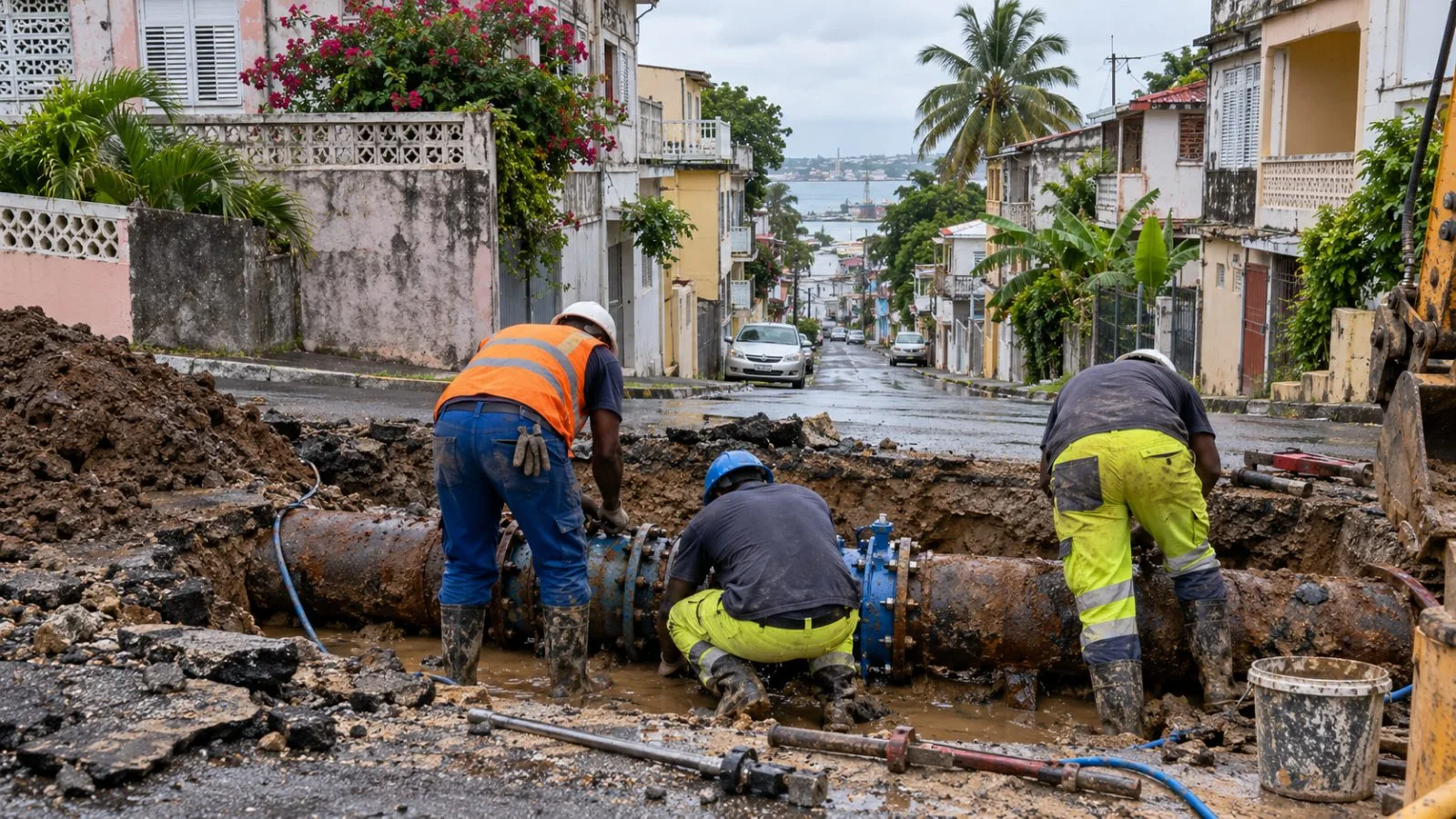 Workers repair a water main on a residential street in Pointe-à-Pitre, Guadeloupe. (AI-generated image / EconoTimes)