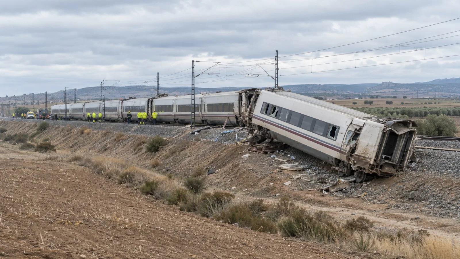 Emergency crews work beside damaged high-speed trains near Urda in Toledo province, Spain. (AI-generated image / EconoTimes)