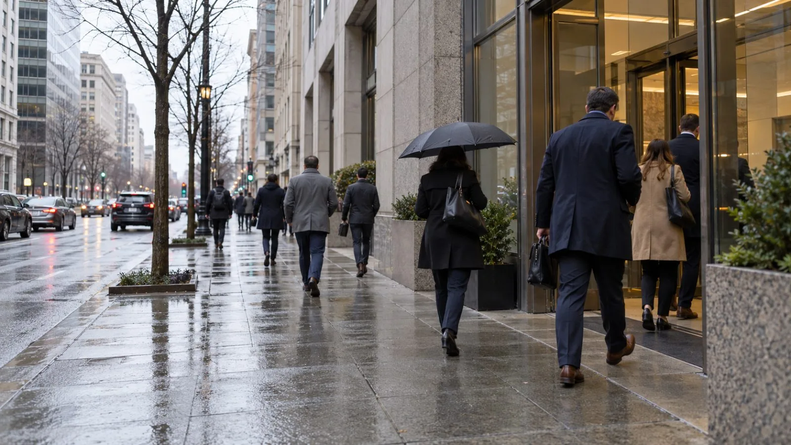 Office workers enter a commercial building along K Street in Washington, D.C. (AI-generated image / EconoTimes)