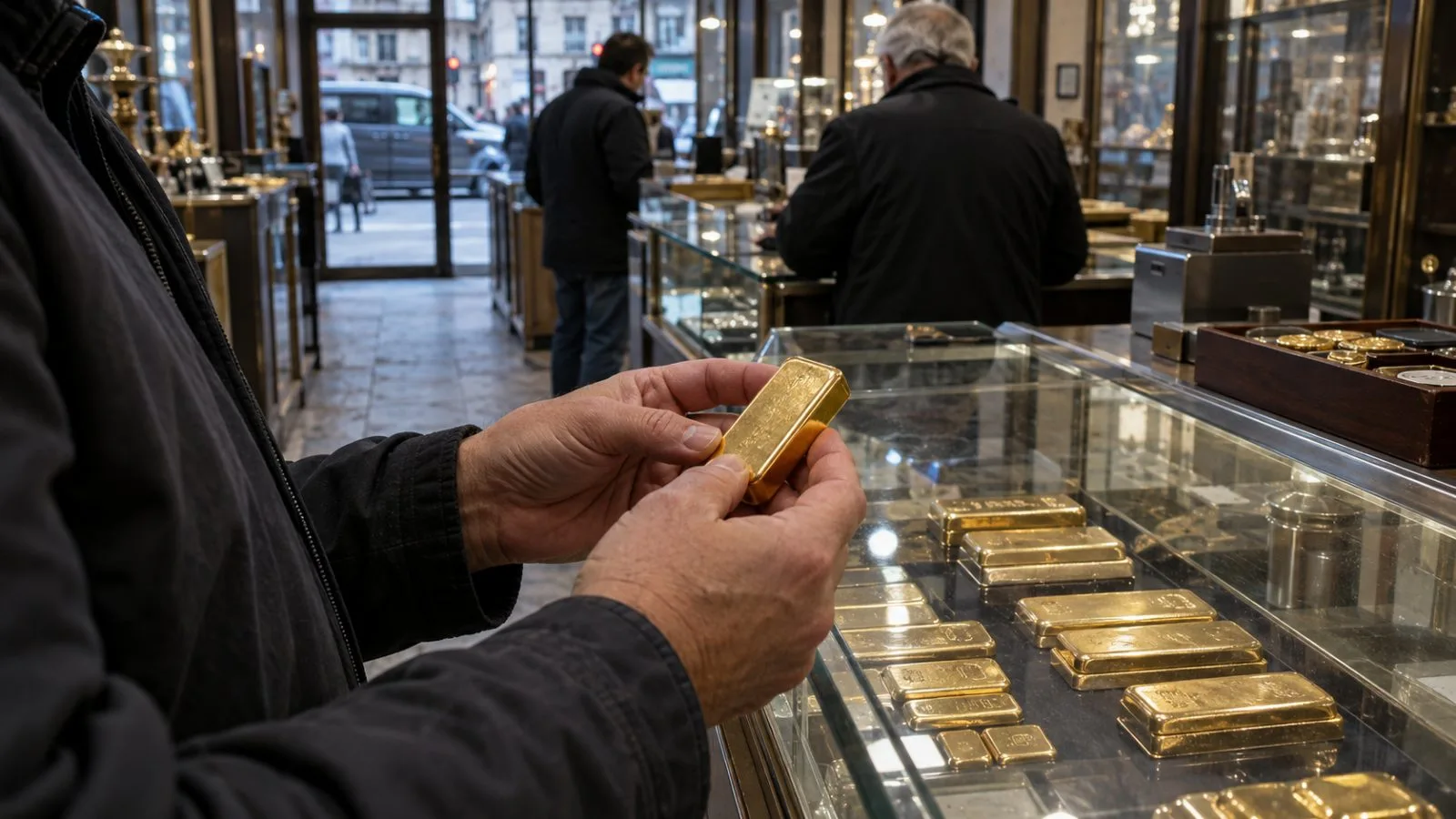 Gold bars sit in a dealer's glass case in New York City. (AI-generated image / EconoTimes)