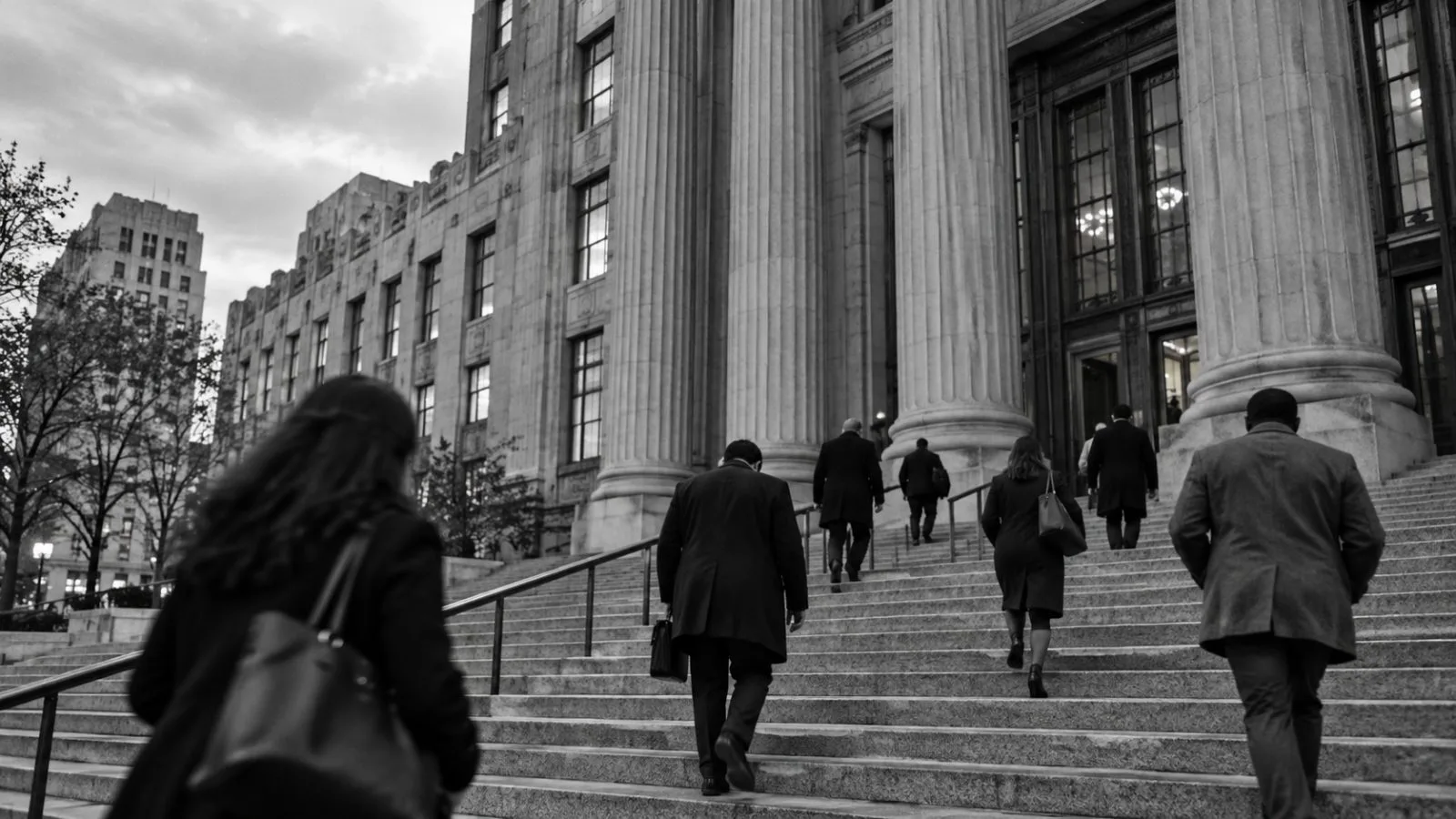 Visitors climb the steps of a courthouse in Newark, New Jersey. / EconoTimes.ai