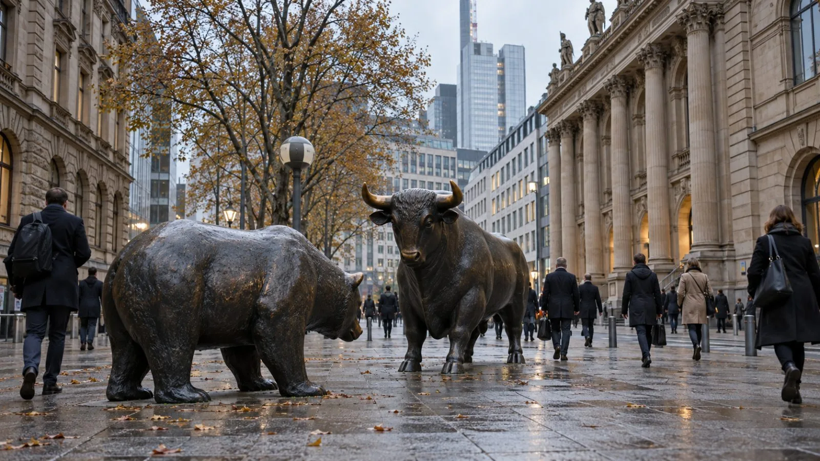 Commuters cross Börsenplatz beside the bronze bull and bear outside Frankfurt Stock Exchange. (AI-generated image / EconoTimes)