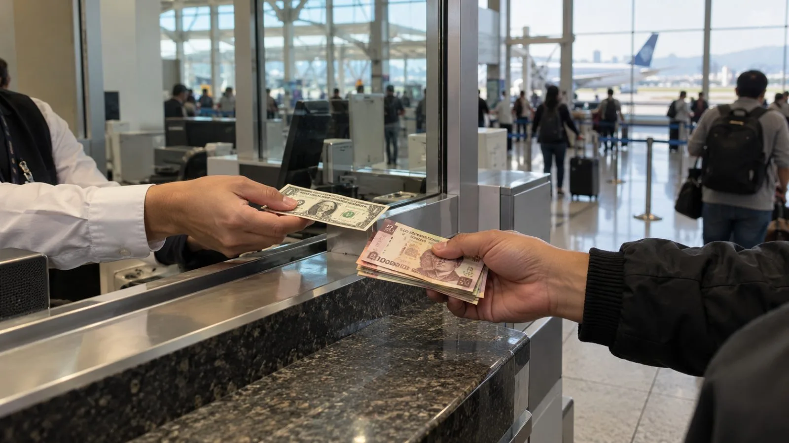 A traveler exchanges dollars at a currency counter in Mexico City's Benito Juárez International Airport. (AI-generated image / EconoTimes)