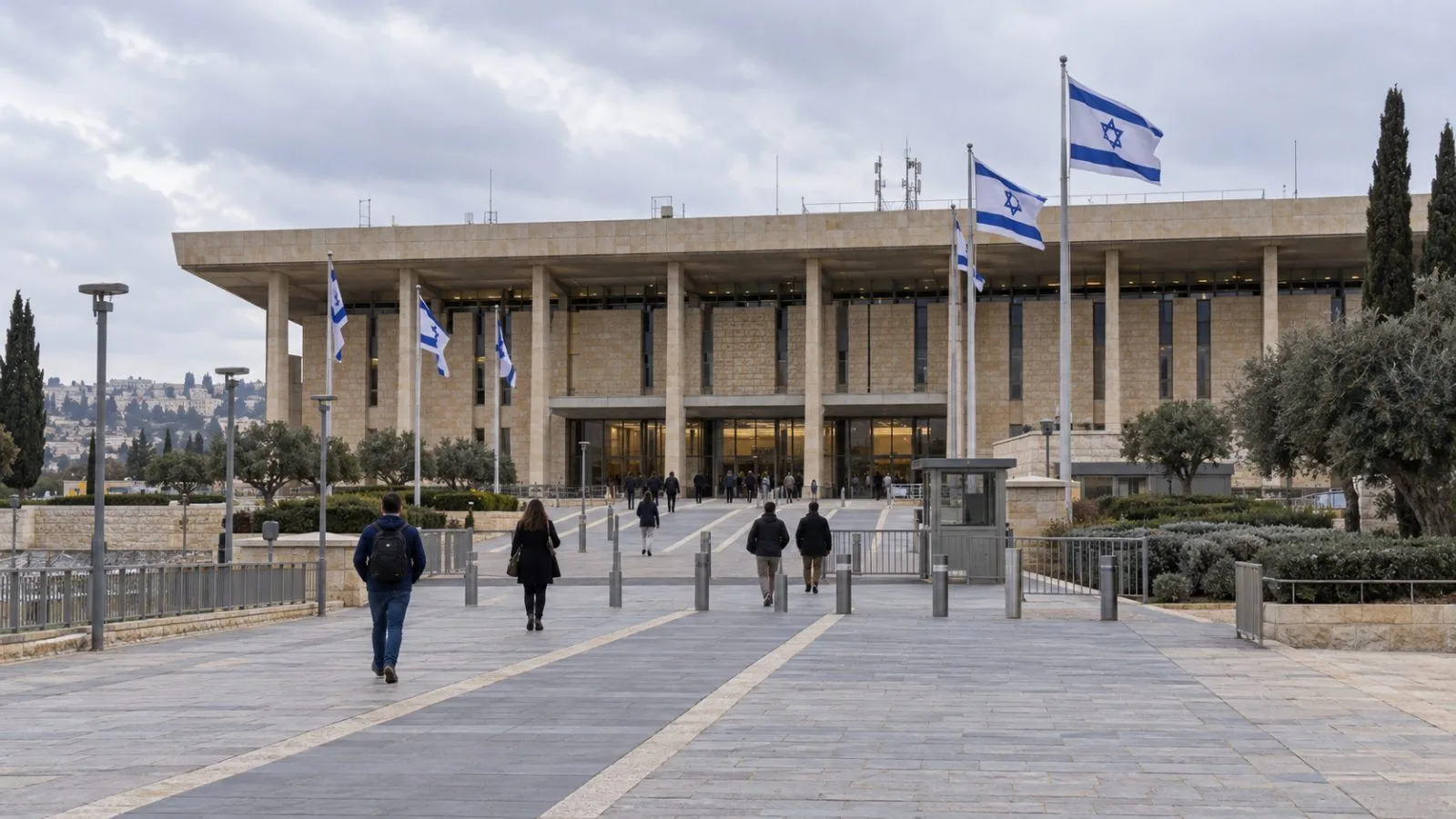 Visitors walk toward the Knesset in Jerusalem under overcast skies. (AI-generated image / EconoTimes)