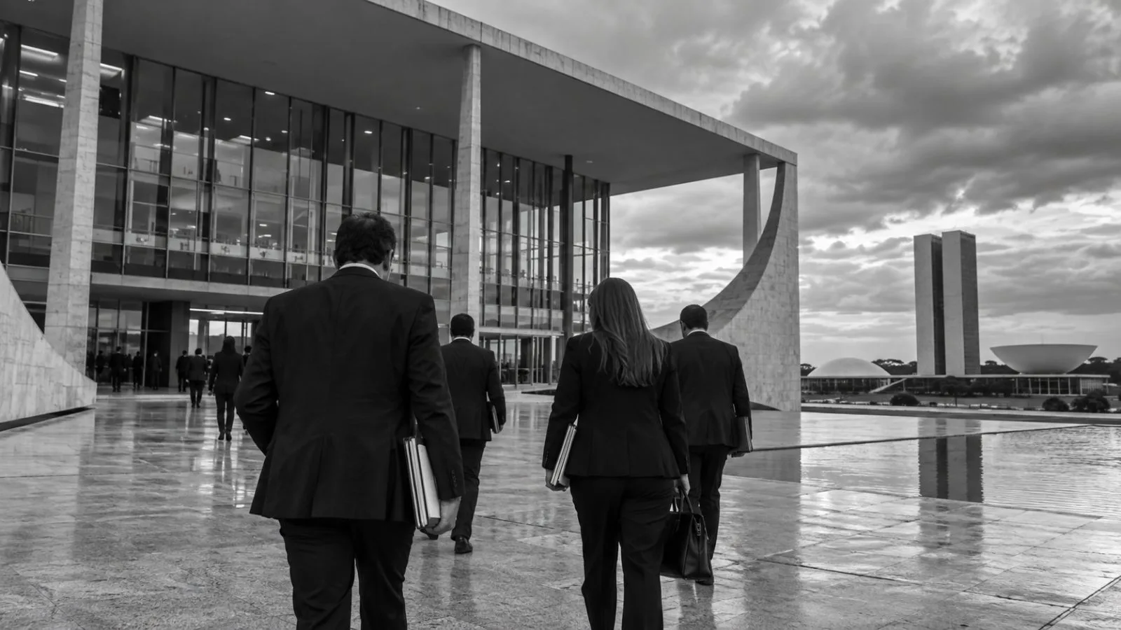 People cross the plaza outside Brazil's Attorney General's Office in Brasília under cloudy skies. (AI-generated image / EconoTimes)