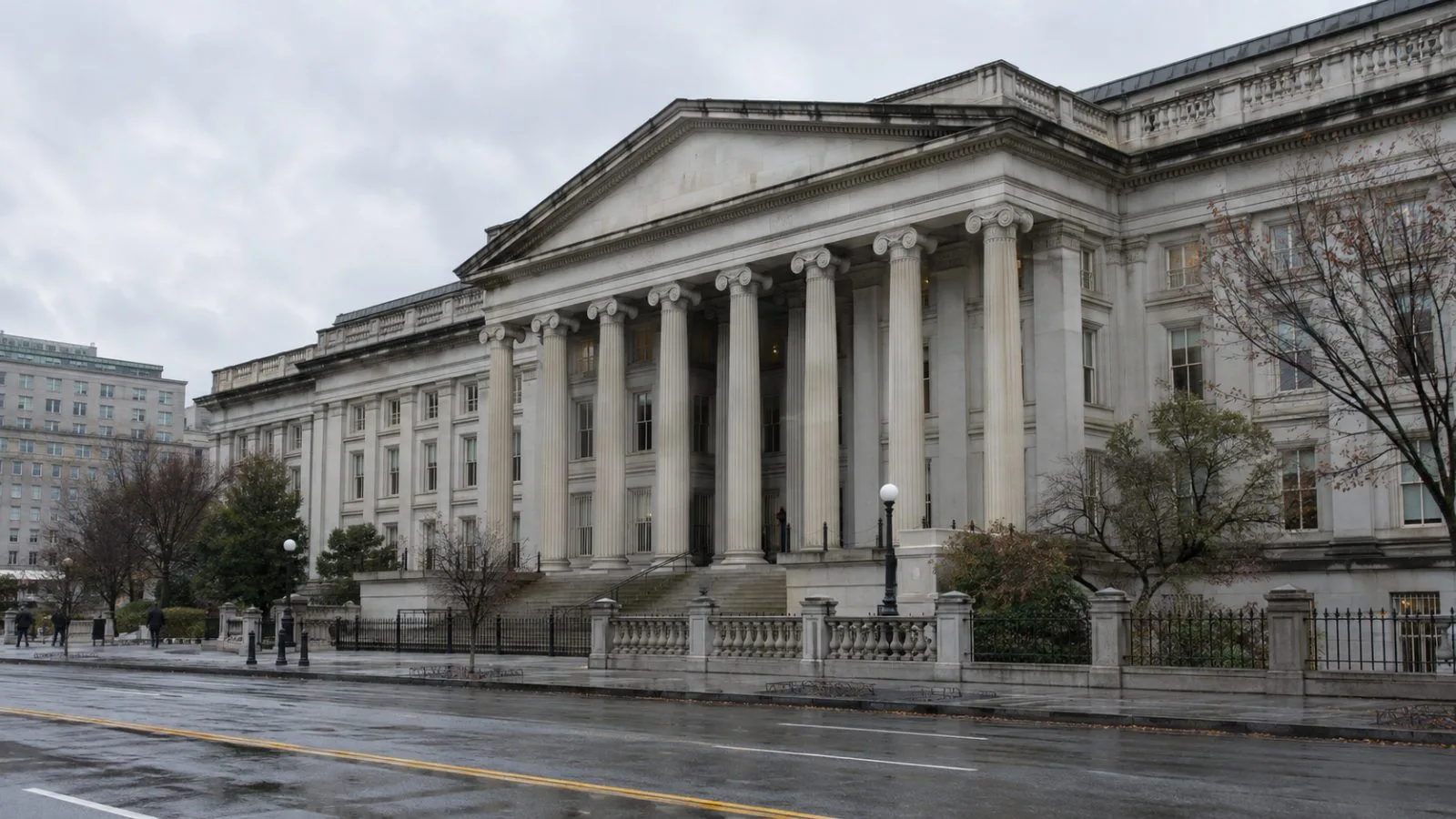 The U.S. Treasury Department building stands in Washington, D.C., beneath a gray morning sky. (AI-generated image / EconoTimes)