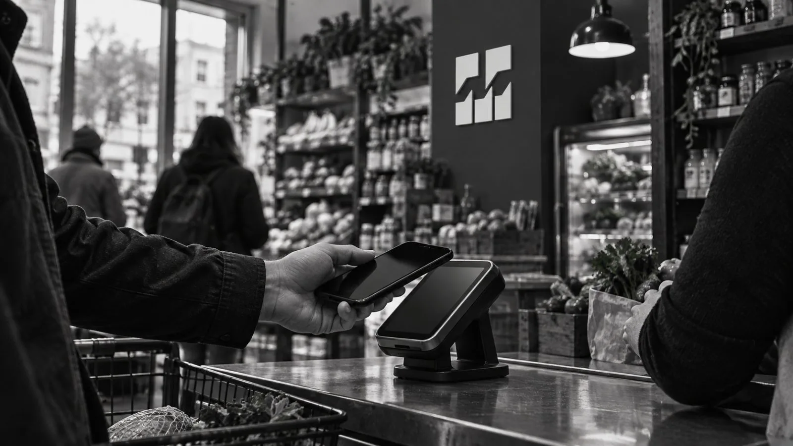 A customer holds a phone near a payment terminal at a San Francisco grocery. / EconoTimes.ai