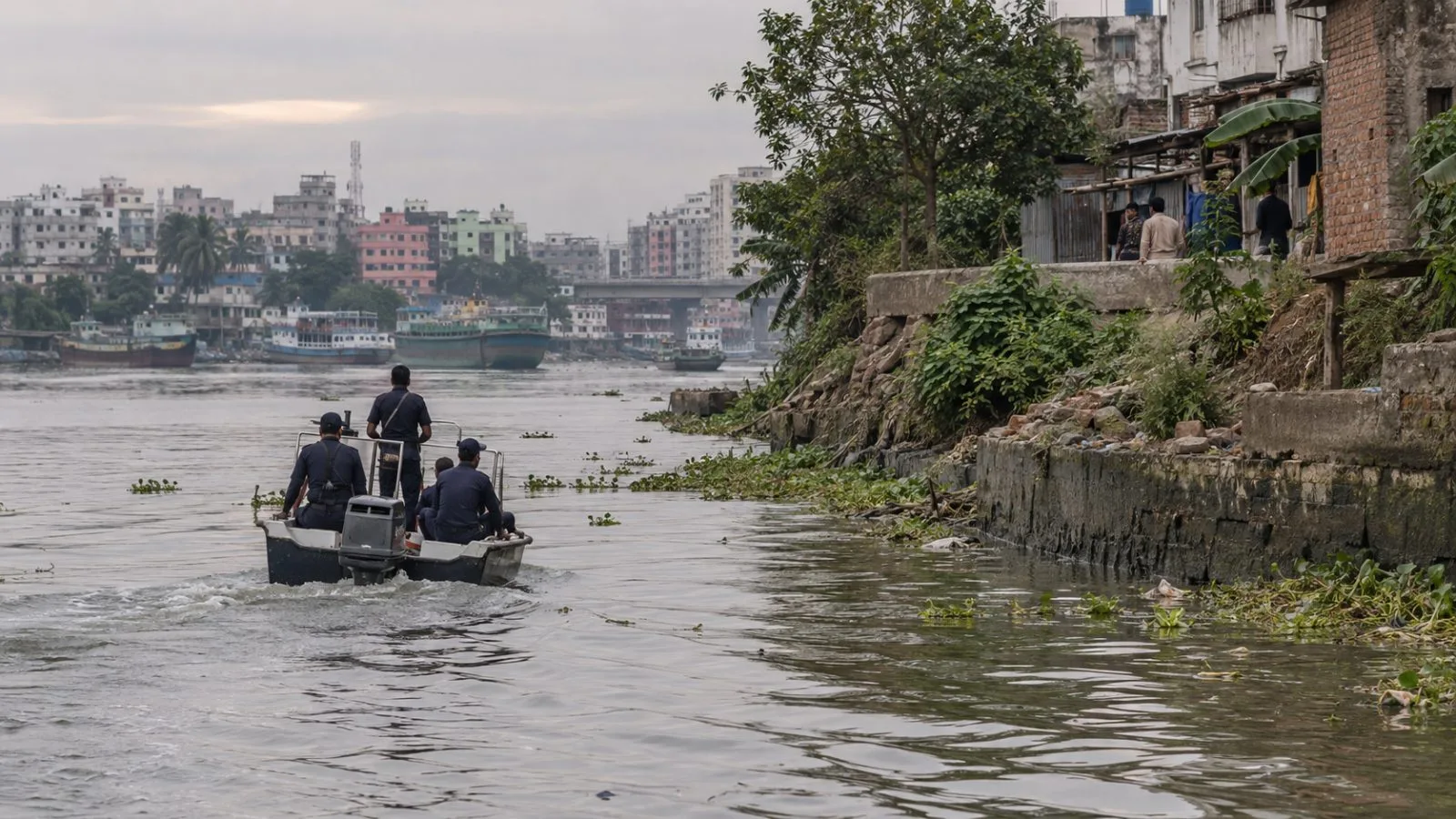 A police boat moves along the bank of the Turag River in Dhaka. (AI-generated image / EconoTimes)