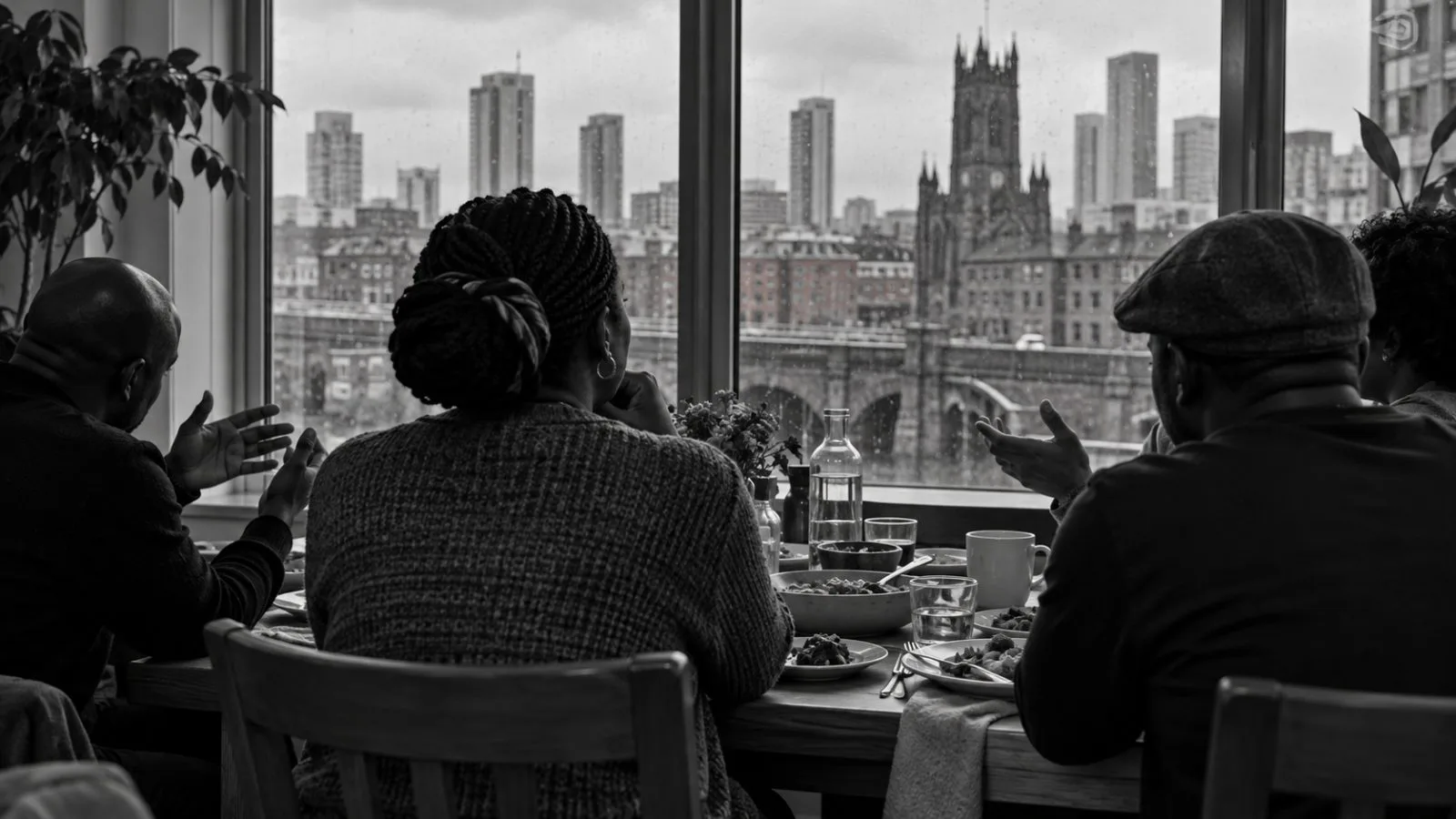 Attendees sit around a lunch table in Manchester, United Kingdom. (AI-generated image / EconoTimes)