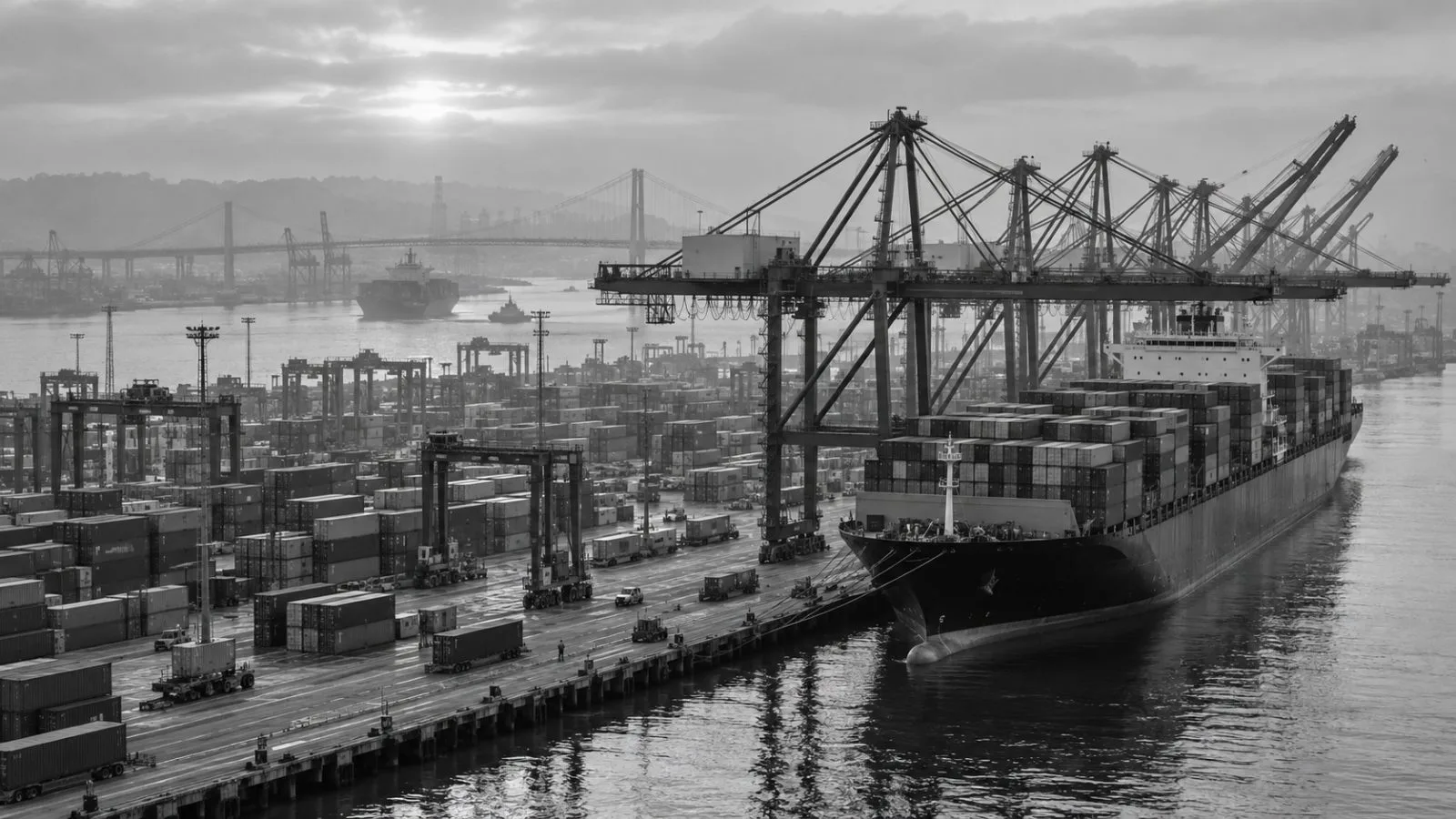 A container ship sits beneath cargo cranes at the Port of Los Angeles, California. (AI-generated image / EconoTimes)