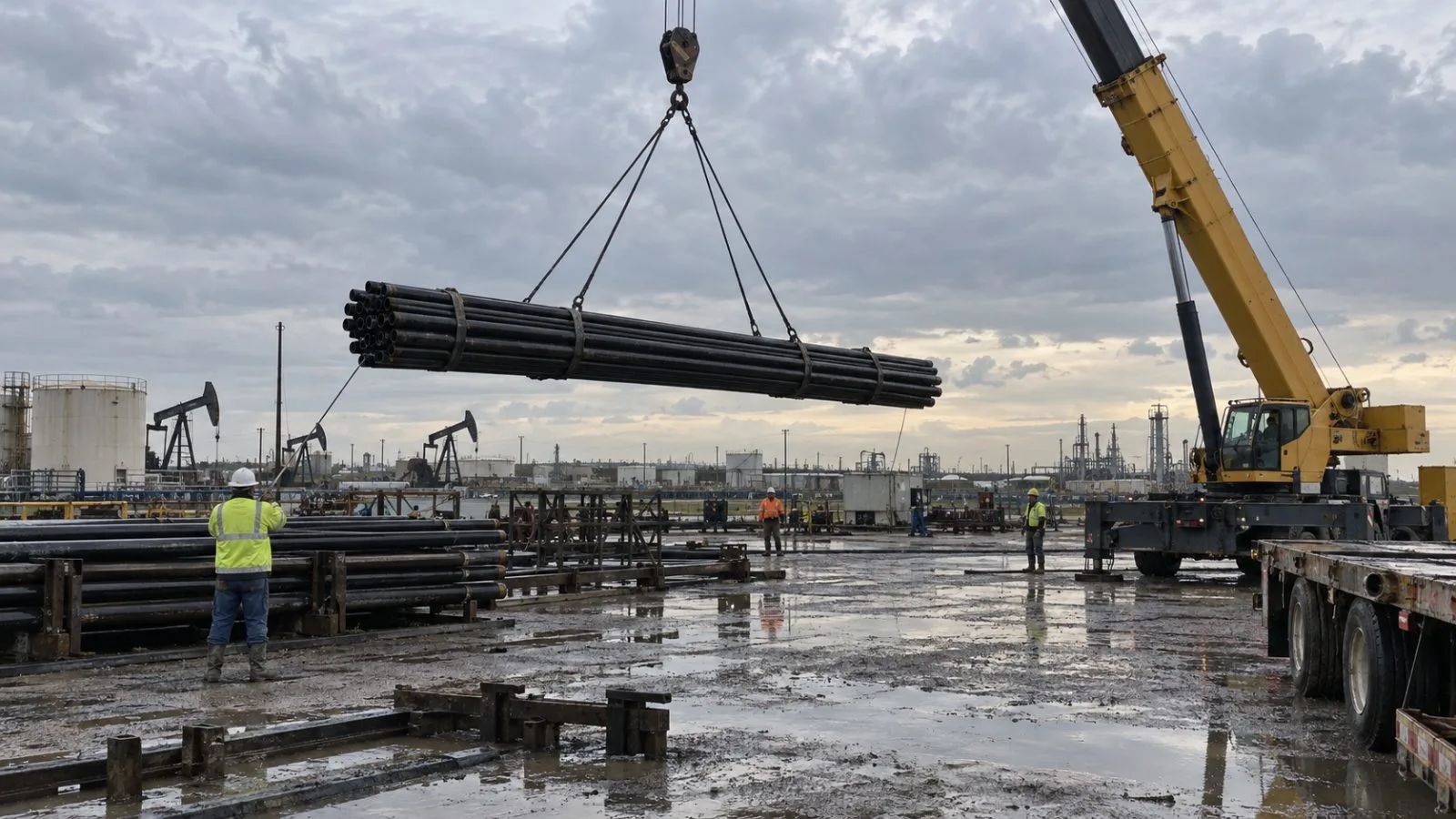 A mobile crane lifts steel pipe at an industrial worksite near Houston, Texas. (AI-generated image / EconoTimes)