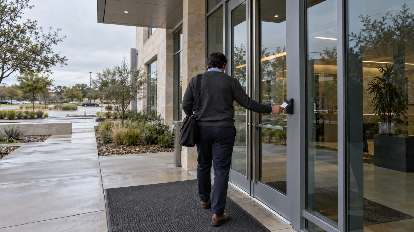 A person badges into an office entrance at HID Global’s headquarters in Austin, Texas. (AI-generated image / EconoTimes)