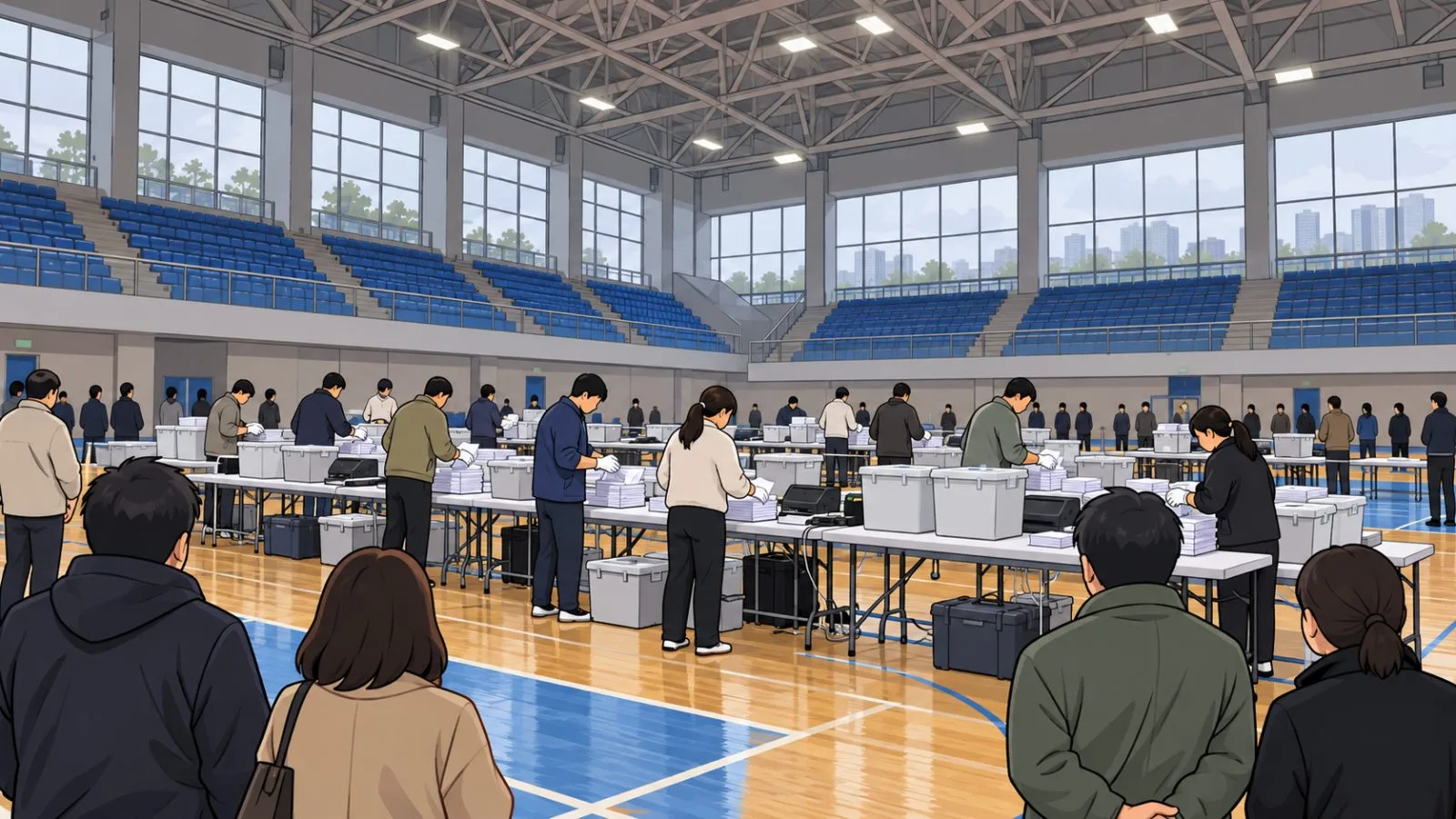 Sealed ballot boxes and counting equipment sit inside Olympic Park Handball Gymnasium in Seoul. (AI-generated image / EconoTimes)