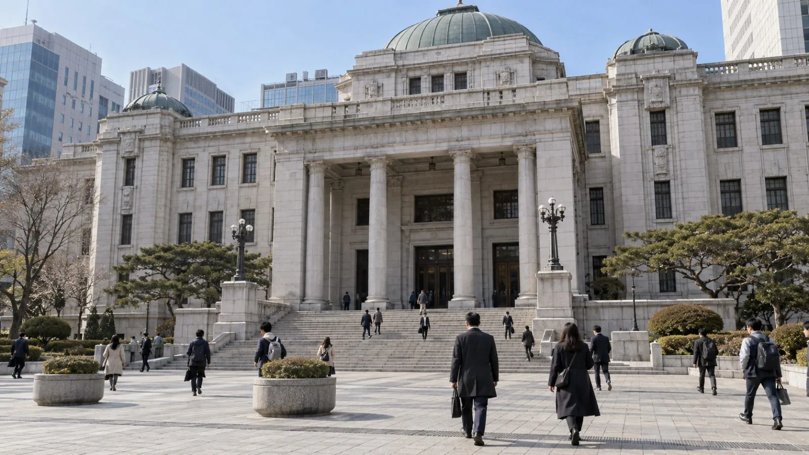 Pedestrians pass the Bank of Korea headquarters in Seoul on a clear morning. (AI-generated image / EconoTimes)