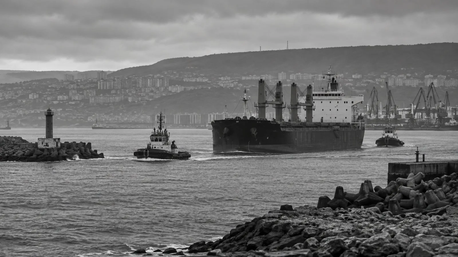 A cargo vessel passes the harbor entrance at Varna Bay on Bulgaria’s Black Sea coast (AI-generated image / EconoTimes)