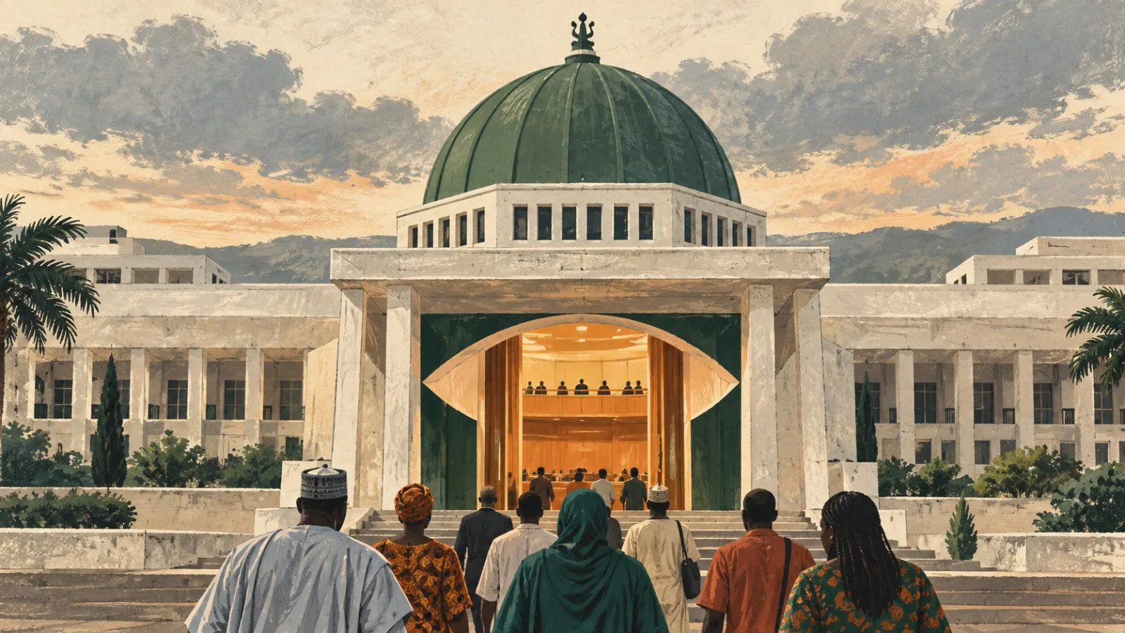 Citizens gather outside Nigeria’s National Assembly in Abuja beneath a softly overcast afternoon sky. / EconoTimes.ai