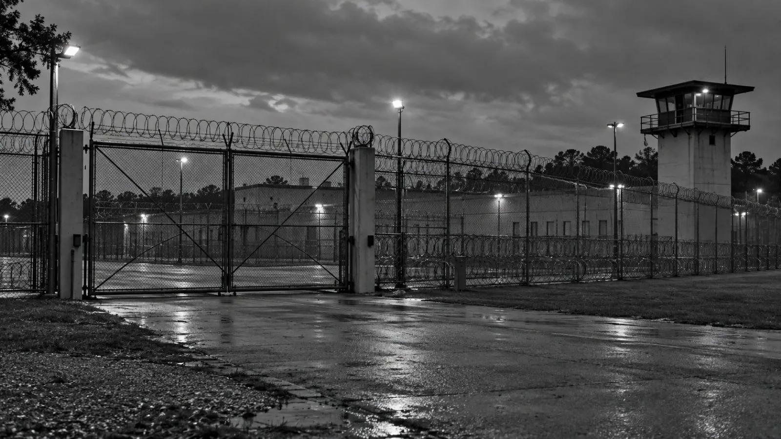 Florida State Prison's perimeter stands beneath evening security lights near Raiford, Florida. (AI-generated image / EconoTimes)
