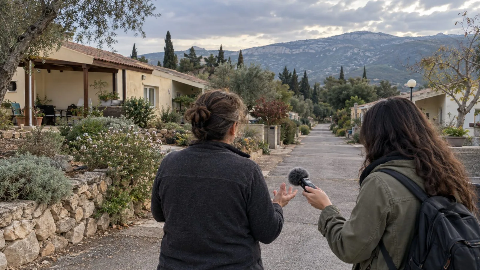 An interview takes place along a lane in Kibbutz Dafna near Kiryat Shmona, Israel. (AI-generated image / EconoTimes)