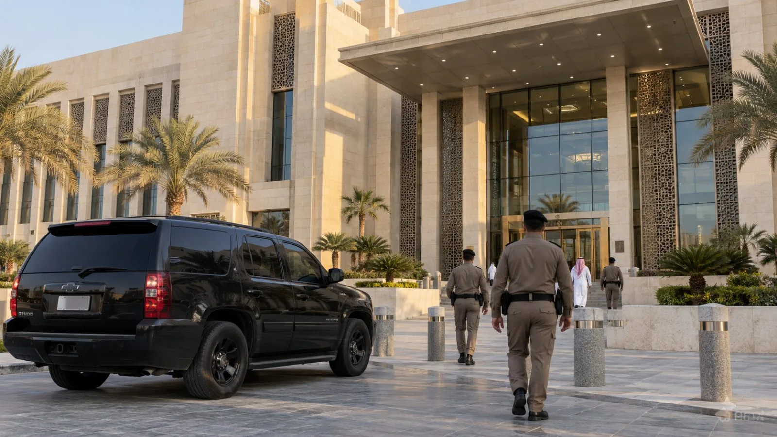 A security vehicle stands outside a courthouse in Dammam, Saudi Arabia's Eastern Province. (AI-generated image / EconoTimes)