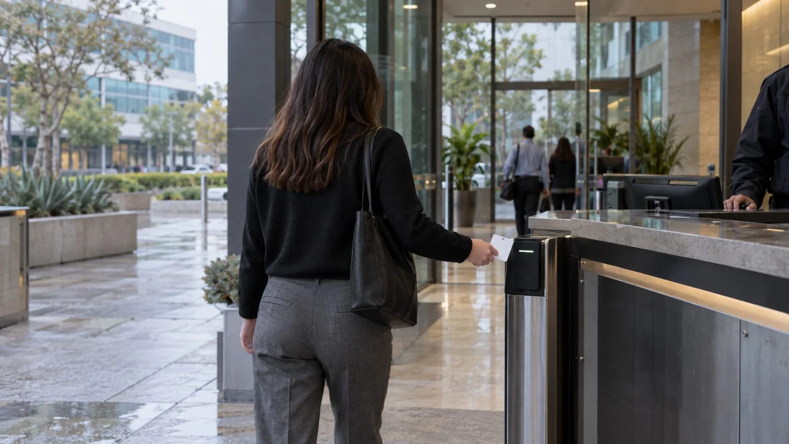 An employee presents an access badge at a commercial building entrance in West Hills, California. (AI-generated image / EconoTimes)