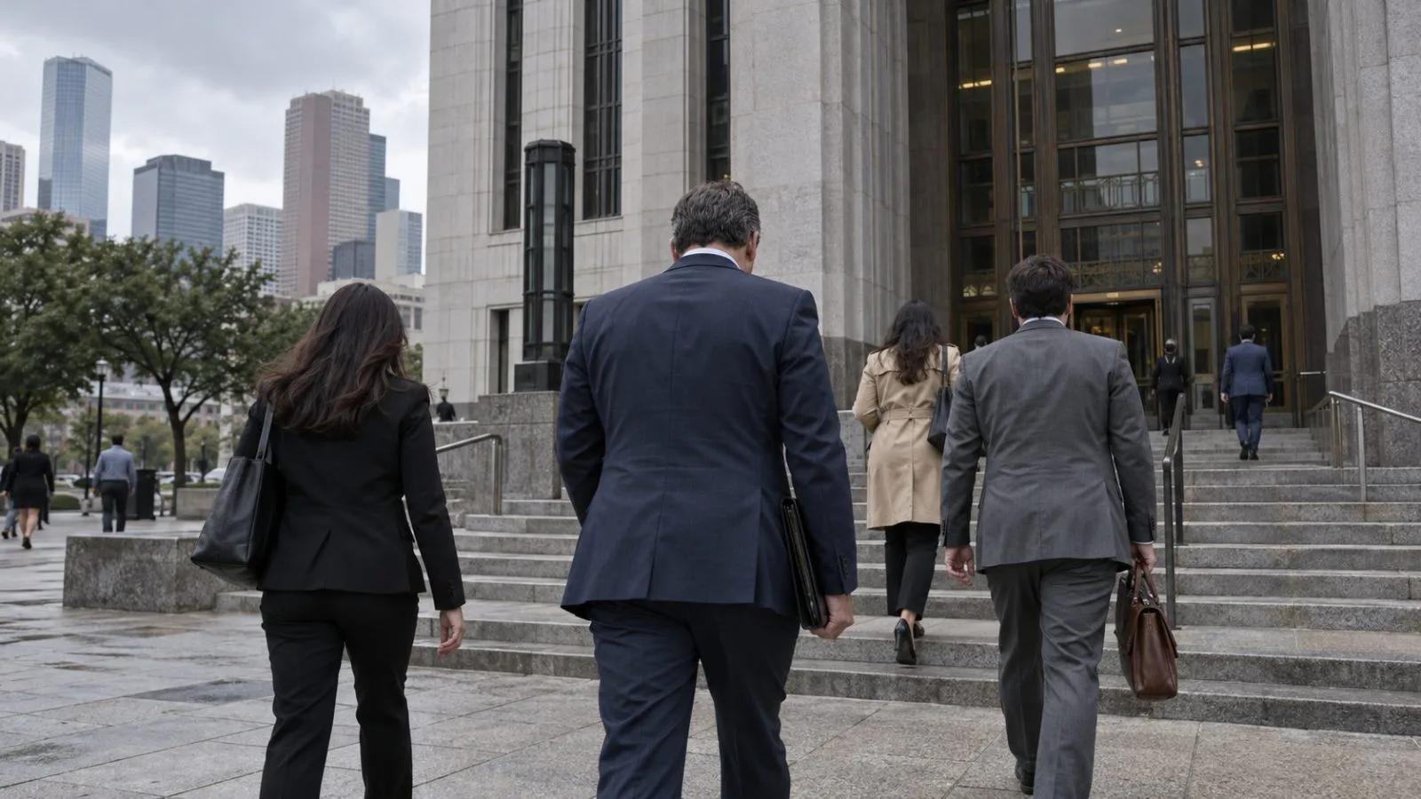 Anonymous visitors approach the Harris County Criminal Justice Center in downtown Houston under overcast skies. (AI-generated image / EconoTimes)
