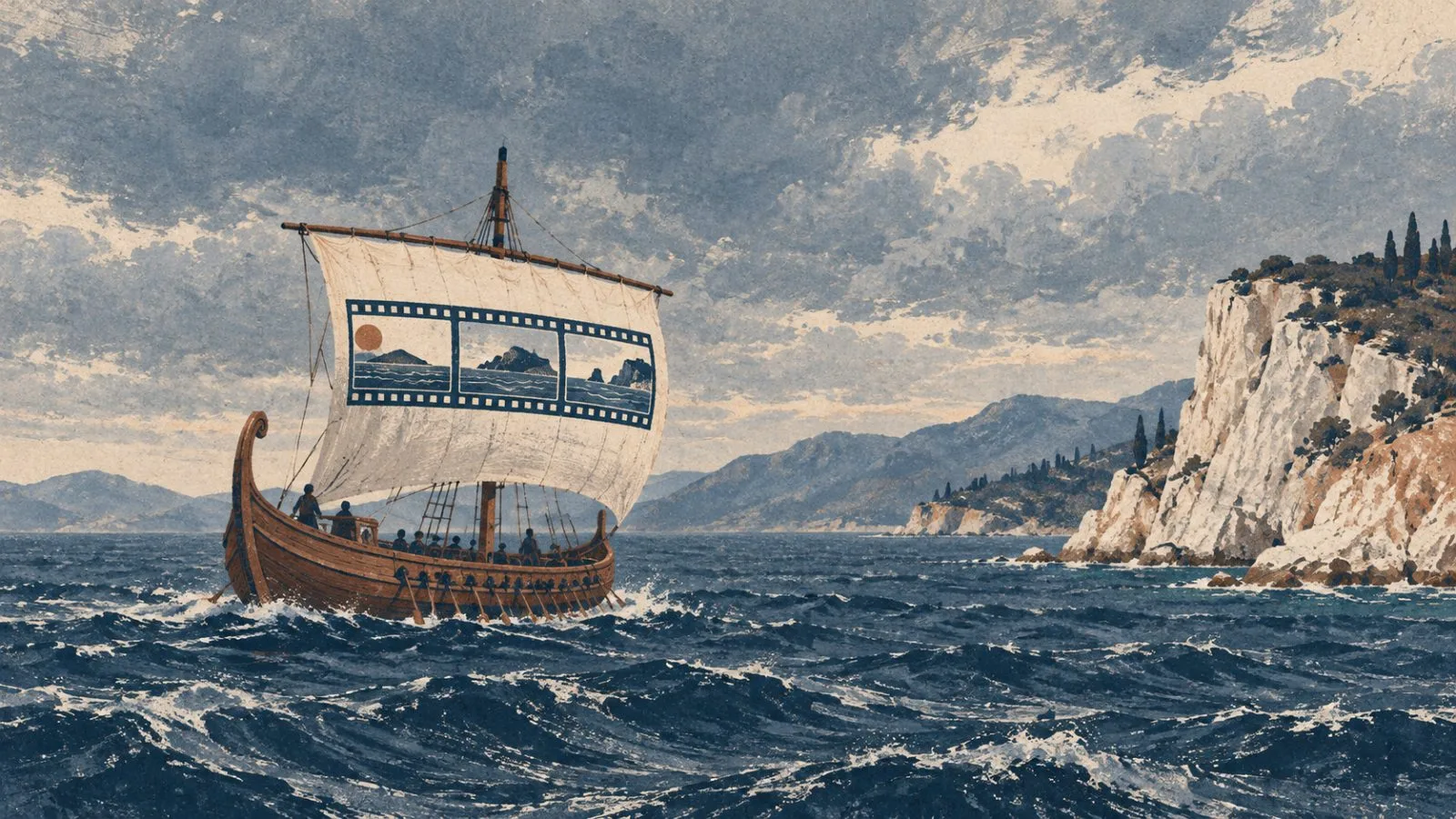A weathered Greek-style ship passes a limestone headland near Vathy, Ithaca, Greece. / EconoTimes.ai