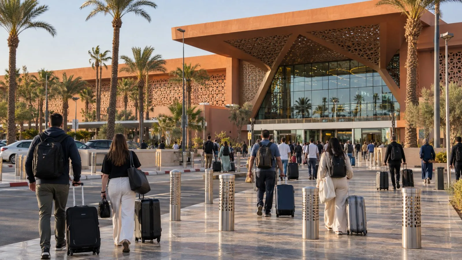 Travelers pull luggage toward the terminal at Marrakech Menara Airport in Morocco. (AI-generated image / EconoTimes)