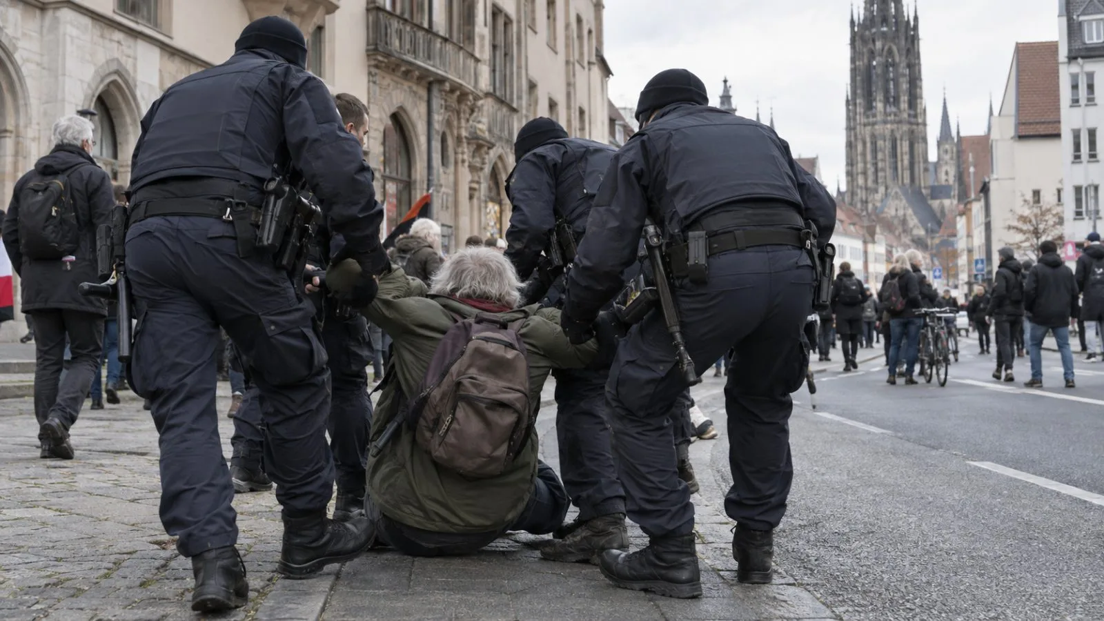Police officers surround a protester on the pavement during a demonstration in Ulm, Germany. (AI-generated image / EconoTimes)