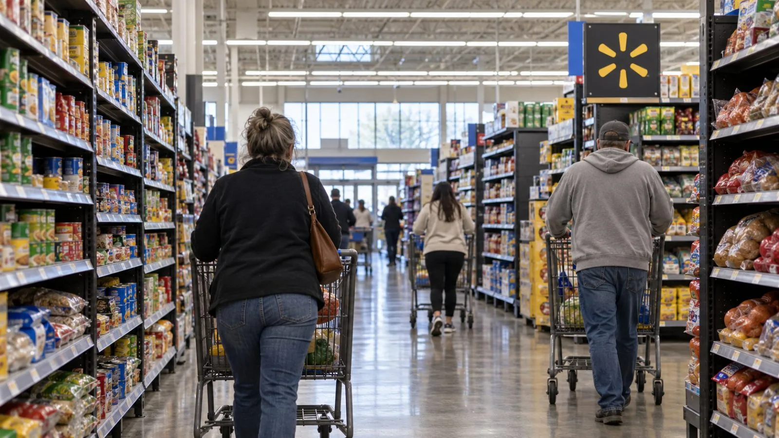 Shoppers browse grocery aisles at a Walmart supercenter in Bentonville, Arkansas, on a weekday afternoon. / EconoTimes.ai
