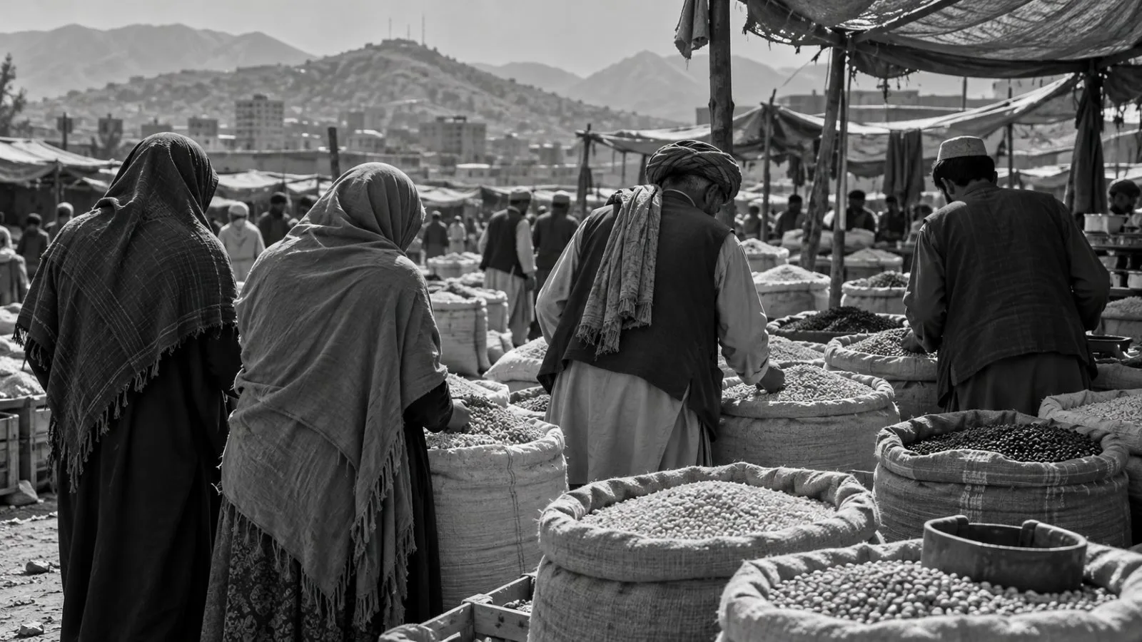 Shoppers examine sacks of grain at an open-air market in Kabul, Afghanistan. (AI-generated image / EconoTimes)