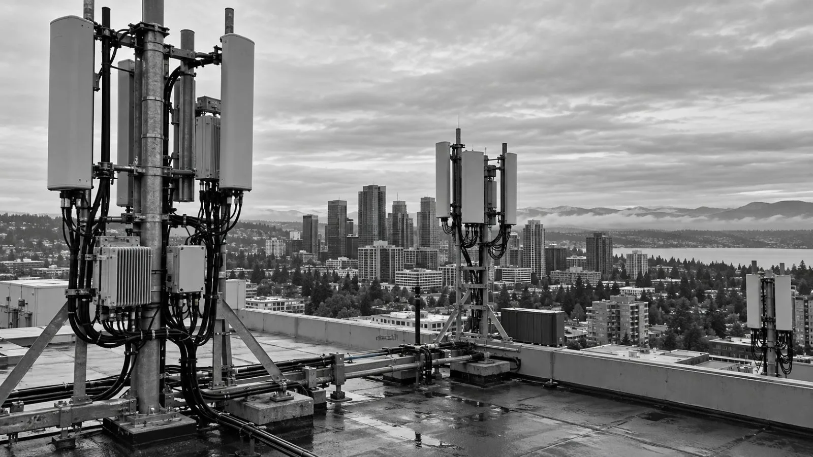Cellular antennas stand above office buildings in Bellevue, Washington, beneath an overcast morning sky. (AI-generated image / EconoTimes)