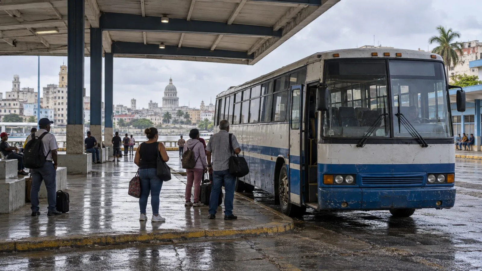 Passengers wait beside an intercity coach at a bus terminal in Havana, Cuba (AI-generated image / EconoTimes)