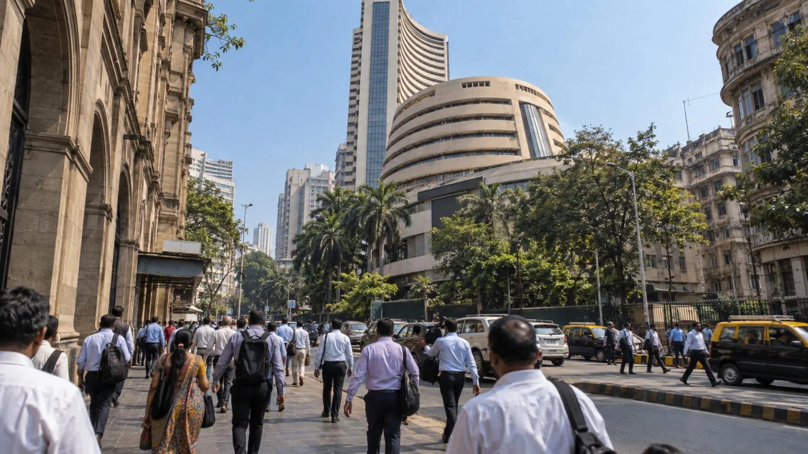 Commuters pass the Bombay Stock Exchange tower on Dalal Street in Mumbai. (AI-generated image / EconoTimes)