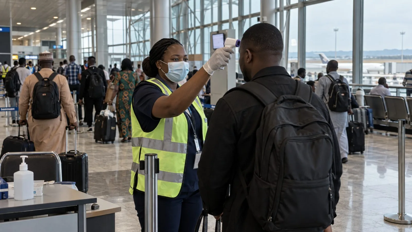 A health worker checks a traveler at Nnamdi Azikiwe International Airport in Abuja, Nigeria. (AI-generated image / EconoTimes)