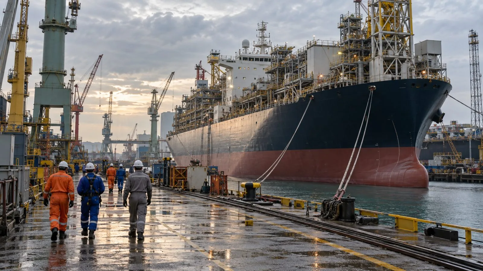 A vessel sits alongside repair berths at Tuas Boulevard Yard in Singapore (AI-generated image / EconoTimes)