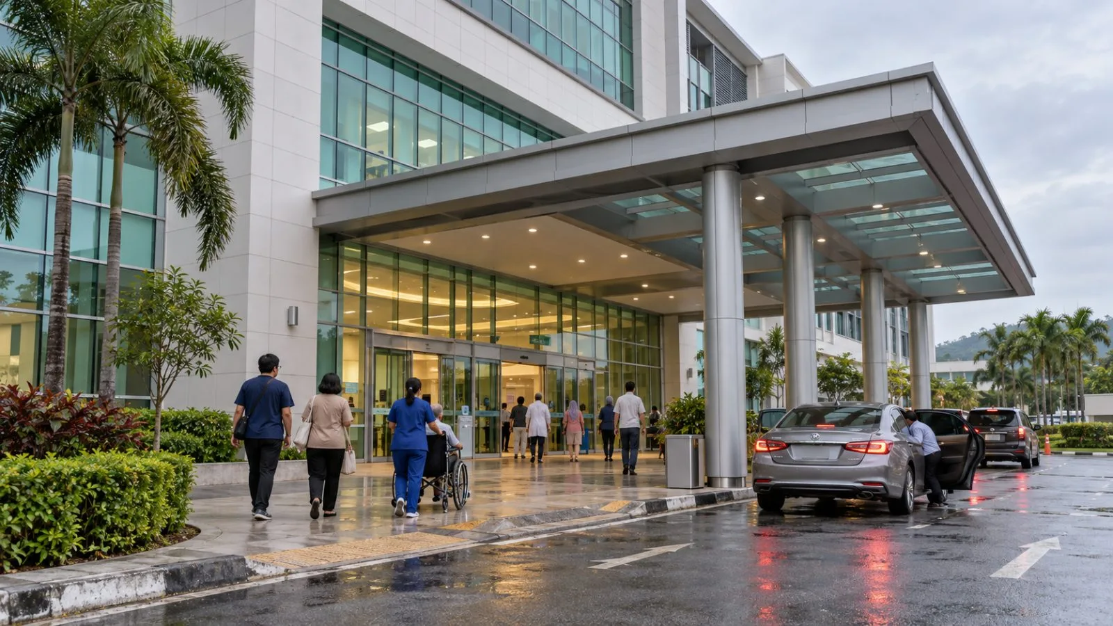 Patients and staff move through the covered entrance of a hospital in Seremban, Malaysia. (AI-generated image / EconoTimes)