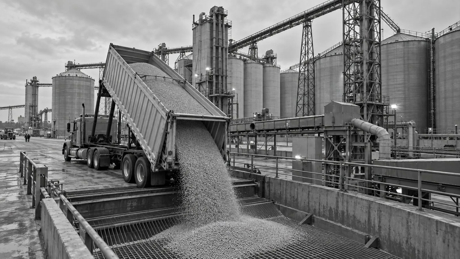 A grain truck unloads soybeans at a processing plant in Decatur, Indiana. (AI-generated image / EconoTimes)