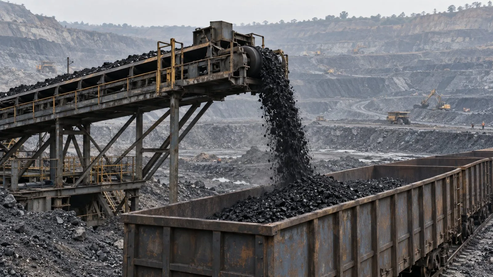 Coal is loaded onto a freight wagon at an open-cast mine near Dhanbad, India. (AI-generated image / EconoTimes)