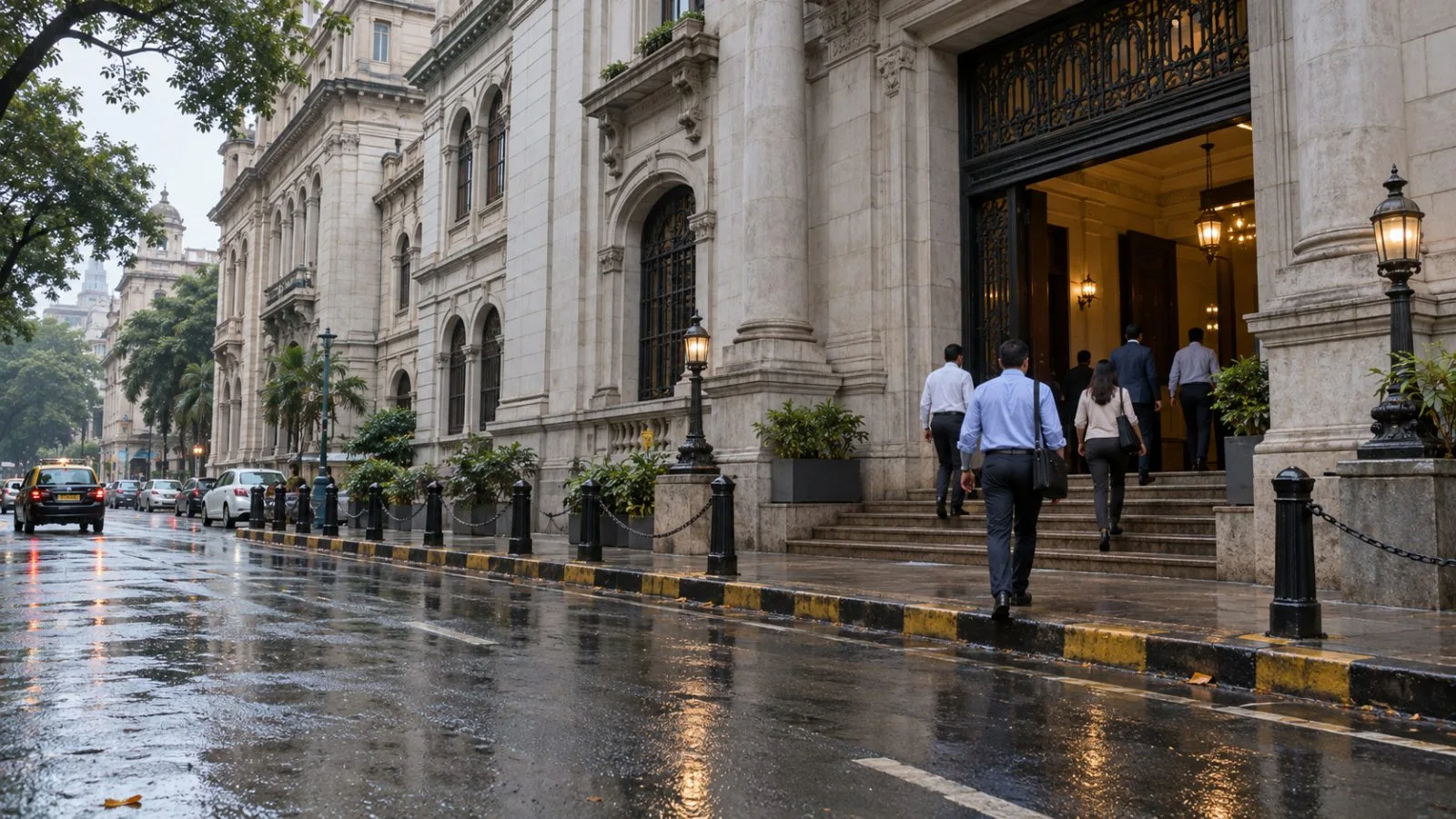 Office workers enter L&T House in Mumbai’s Ballard Estate beneath an overcast morning sky. (AI-generated image / EconoTimes)