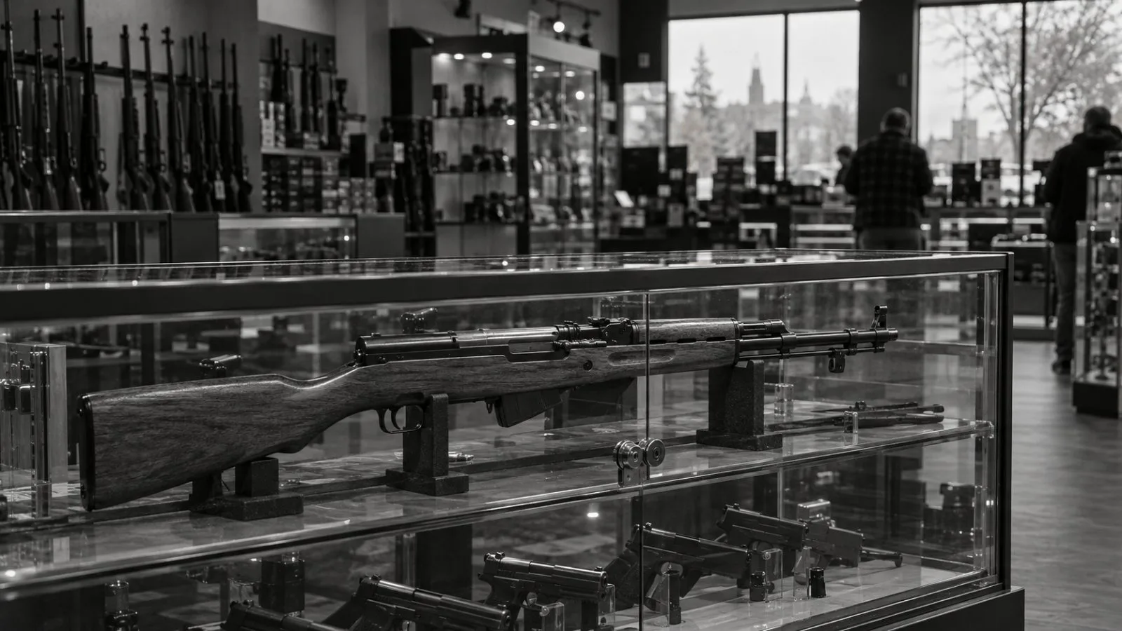 An SKS rifle sits in a locked display rack at a gun shop in Ottawa. (AI-generated image / EconoTimes)
