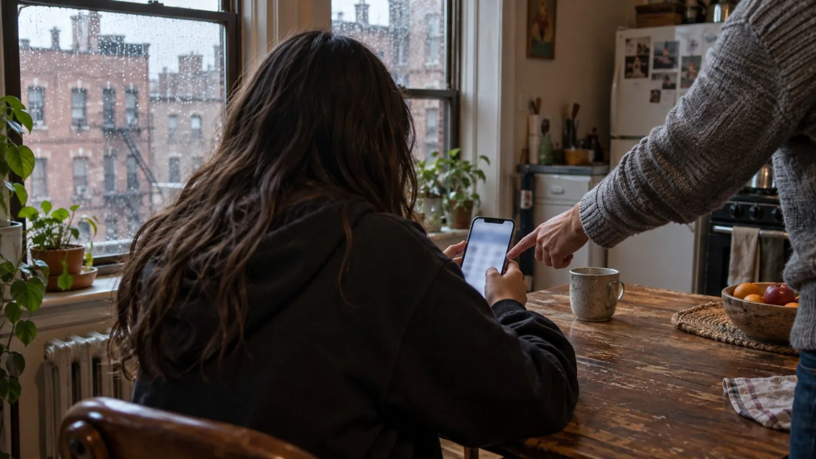 An adult and teenager review smartphone restrictions in a Brooklyn apartment. (AI-generated image / EconoTimes)