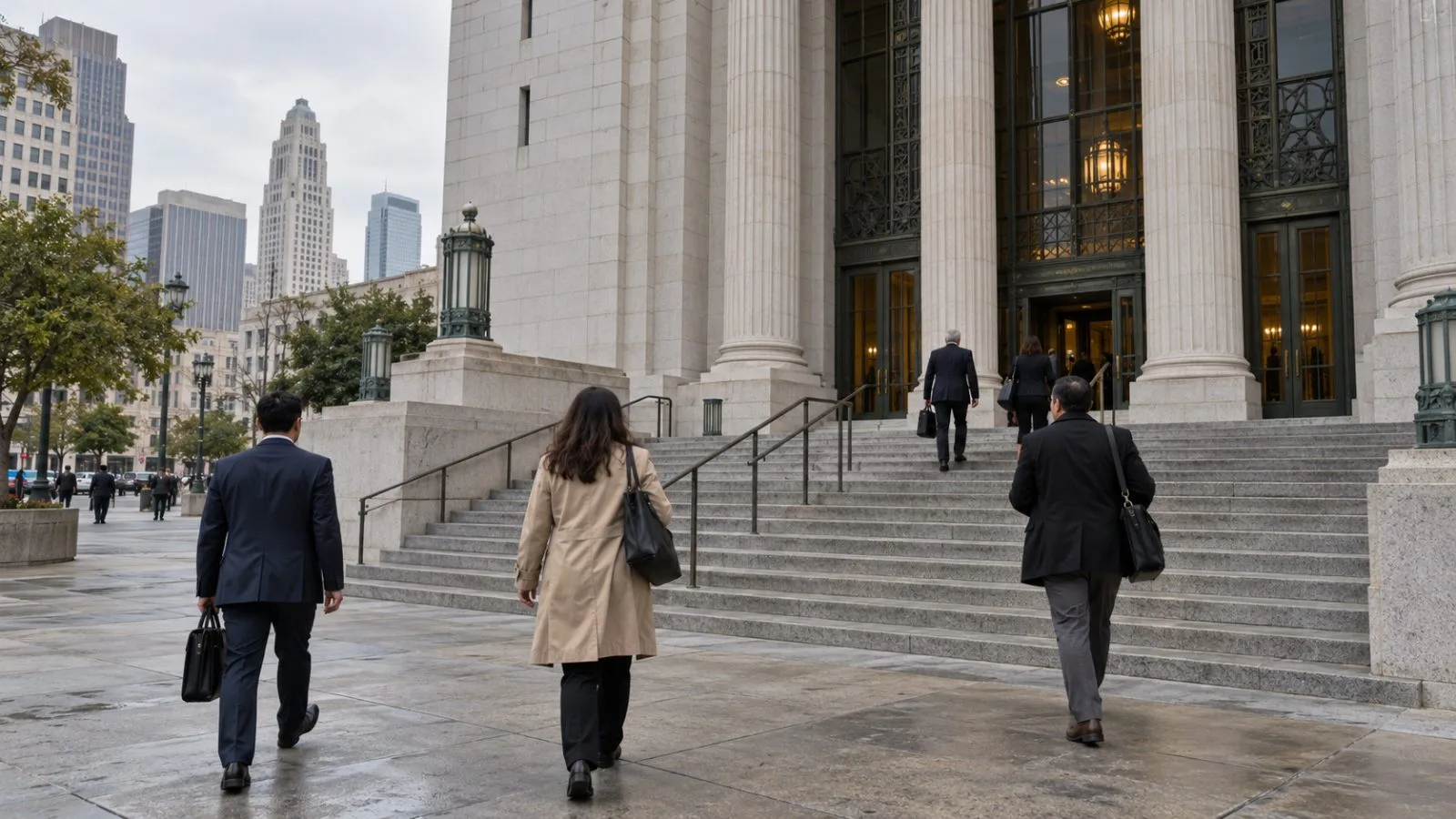 Visitors approach a federal courthouse in Los Angeles, California, beneath an overcast afternoon sky. (AI-generated image / EconoTimes)
