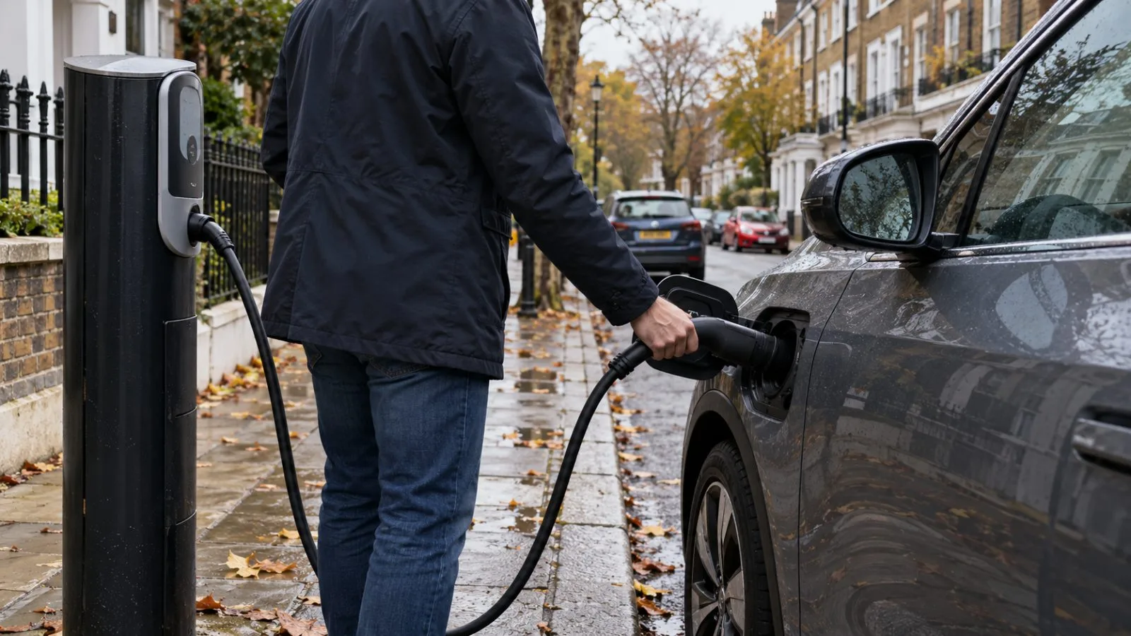 An electric car charges at a curbside public station on a residential street in London. (AI-generated image / EconoTimes)