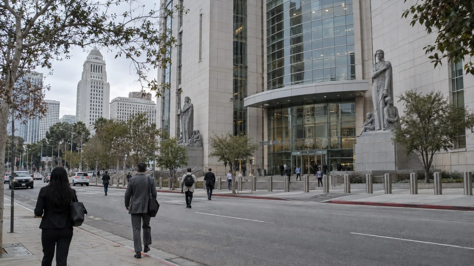 Pedestrians pass the Edward R. Roybal federal courthouse in downtown Los Angeles, California. (AI-generated image / EconoTimes)