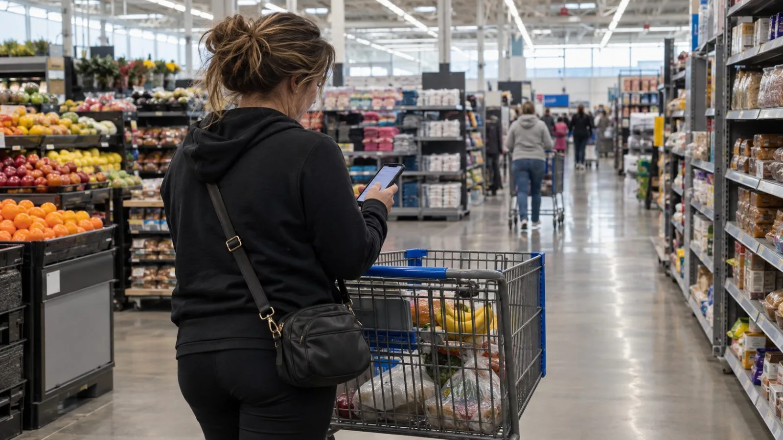A shopper checks a phone beside a grocery cart in Bentonville, Arkansas. (AI-generated image / EconoTimes)