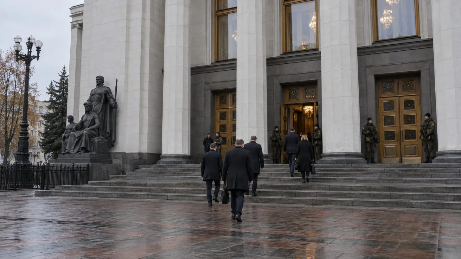 People enter the Verkhovna Rada building in Kyiv, where lawmakers approved a civil-service hiring bill. / EconoTimes.ai