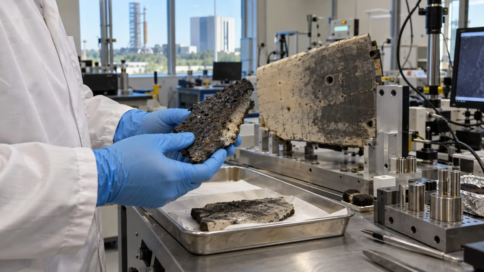 Technicians inspect a charred Orion heat-shield sample at NASA’s Marshall Space Flight Center in Huntsville, Alabama. (AI-generated image / EconoTimes)